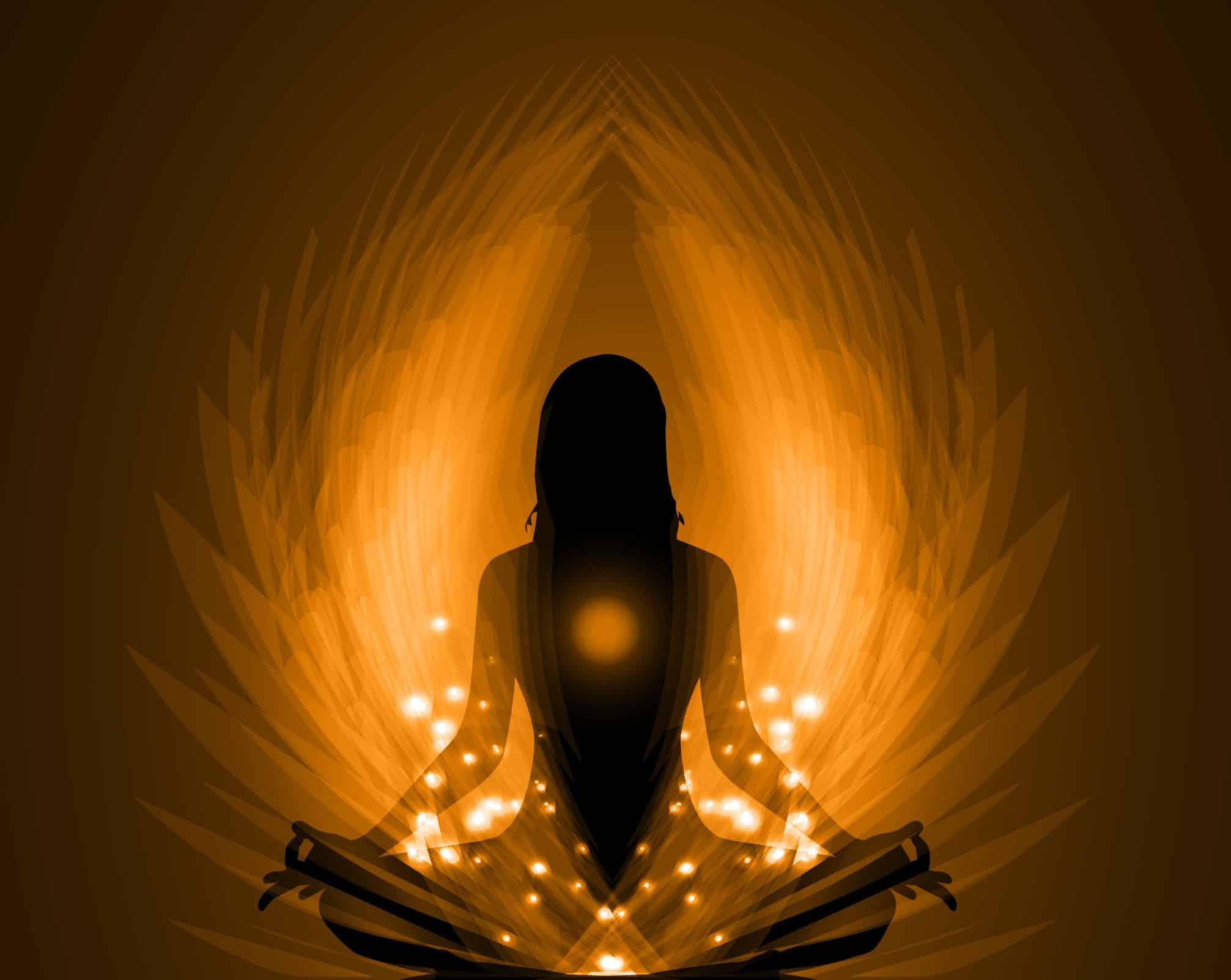 A figure seated cross-legged, silhouetted against an arch of golden light