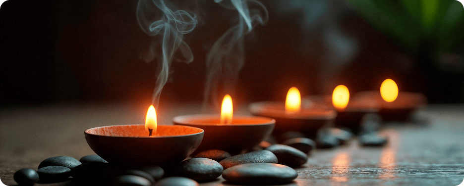 A lit oil lamp and tea lights on dark stones