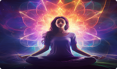 A person seated in meditation with radiating bands of light