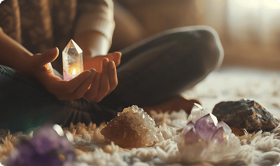 A hand holding a clear quartz crystal above smooth dark stones