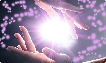 A hand reaching towards a burst of white and violet light
