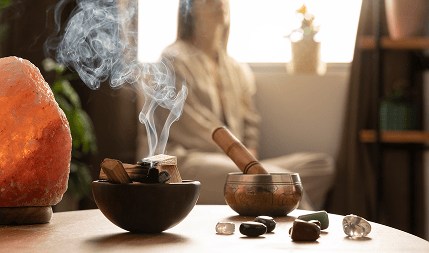 Incense smoke rising from a ceramic bowl