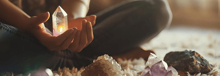 A hand holding a clear quartz crystal above smooth dark stones