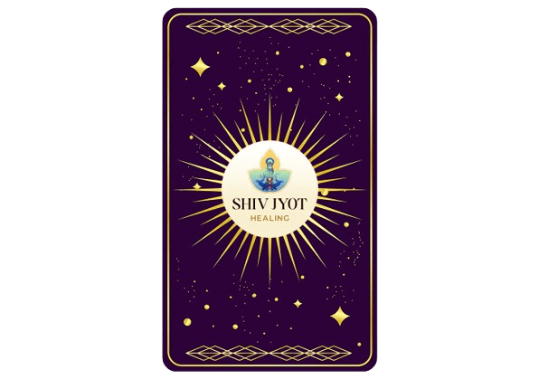 The back of a Shiv Jyot tarot card, a gold sunburst on deep purple