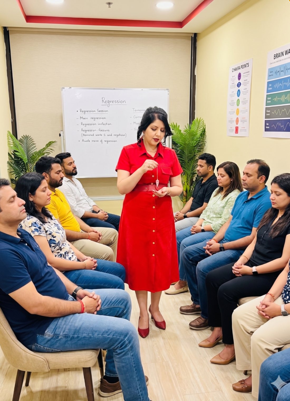 Garima Tripathi leading a guided regression and meditation workshop